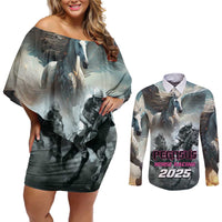 Personalized Pegasus Horse Racing 2025 Couples Matching Off Shoulder Short Dress and Long Sleeve Button Shirt Soar to Victory