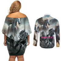 Personalized Pegasus Horse Racing 2025 Couples Matching Off Shoulder Short Dress and Long Sleeve Button Shirt Soar to Victory