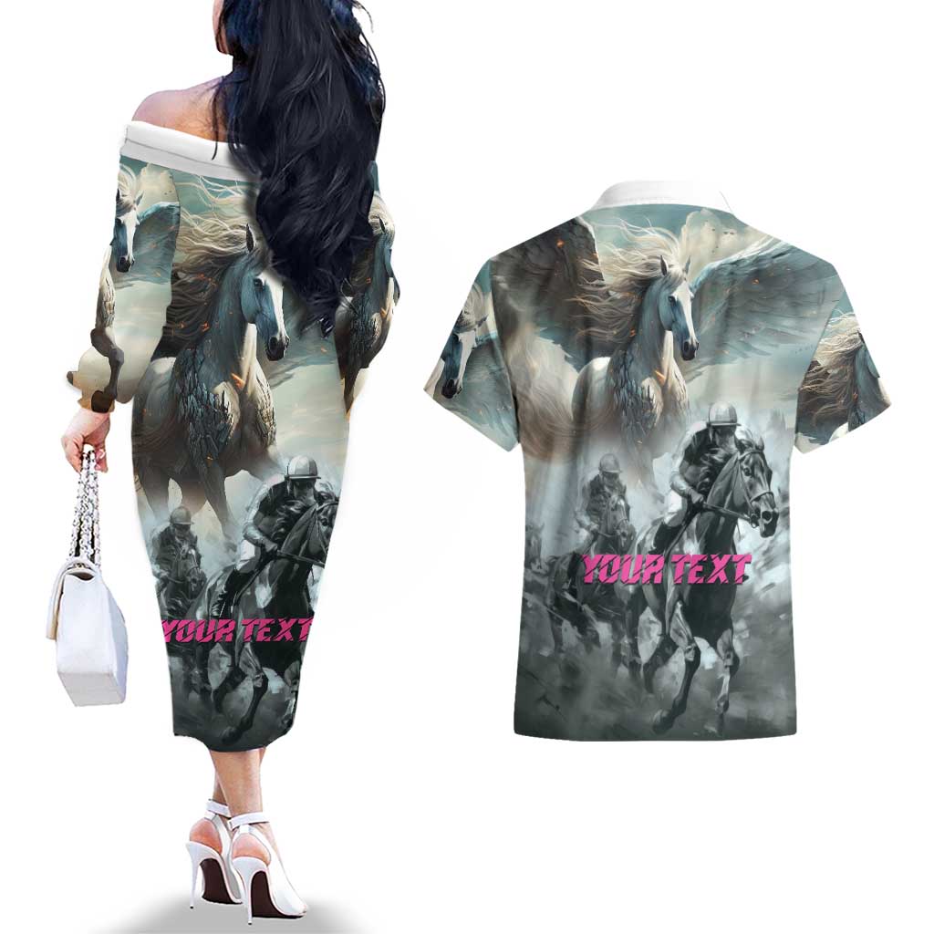 Personalized Pegasus Horse Racing 2025 Couples Matching Off The Shoulder Long Sleeve Dress and Hawaiian Shirt Soar to Victory