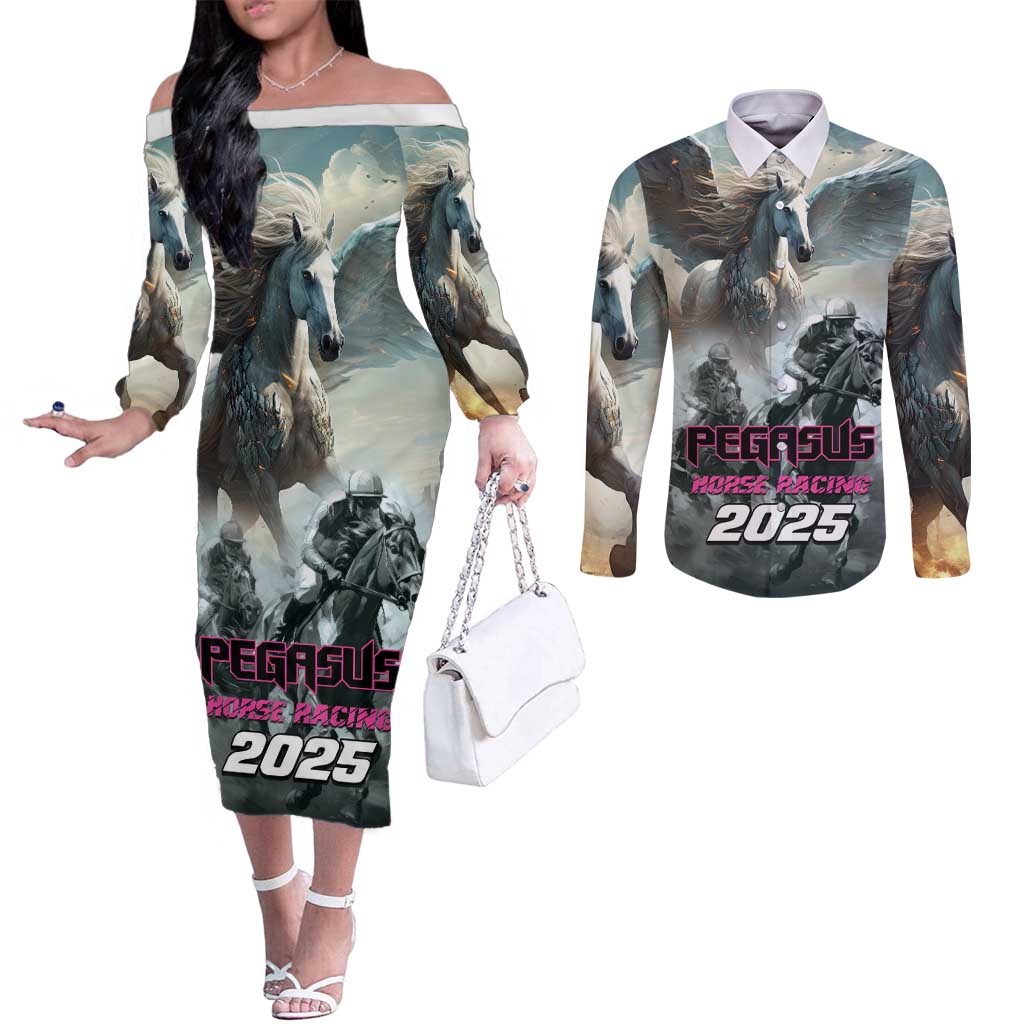 Personalized Pegasus Horse Racing 2025 Couples Matching Off The Shoulder Long Sleeve Dress and Long Sleeve Button Shirt Soar to Victory