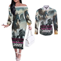 Personalized Pegasus Horse Racing 2025 Couples Matching Off The Shoulder Long Sleeve Dress and Long Sleeve Button Shirt Soar to Victory