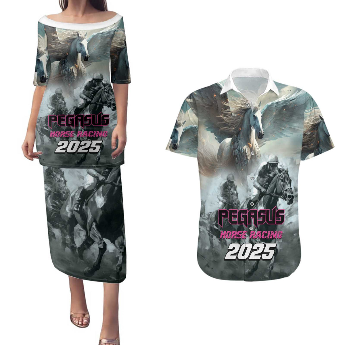 Personalized Pegasus Horse Racing 2025 Couples Matching Puletasi and Hawaiian Shirt Soar to Victory