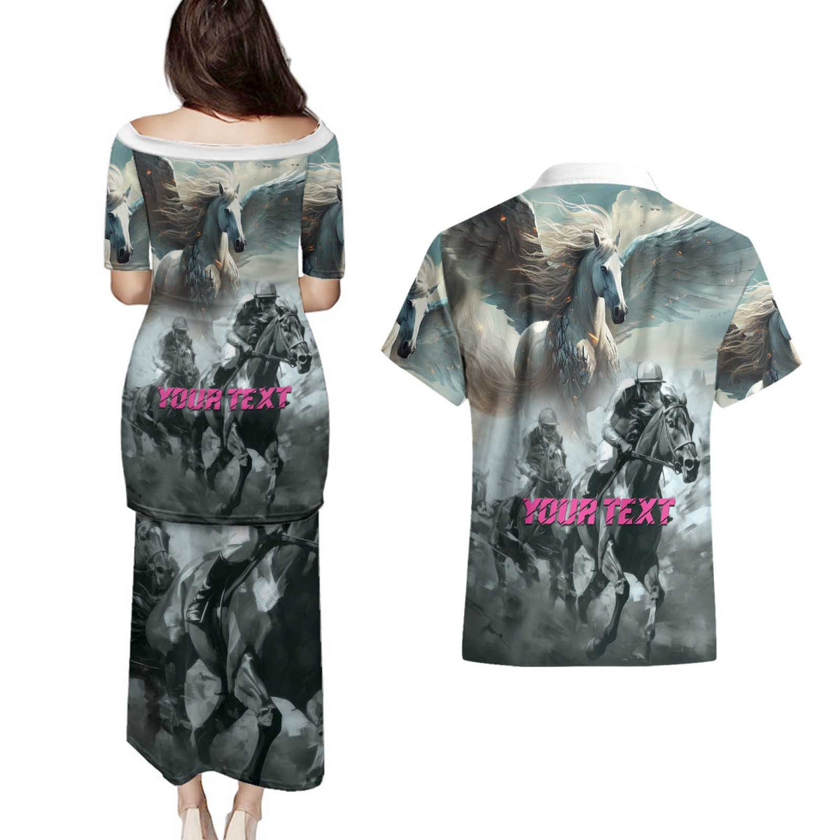 Personalized Pegasus Horse Racing 2025 Couples Matching Puletasi and Hawaiian Shirt Soar to Victory