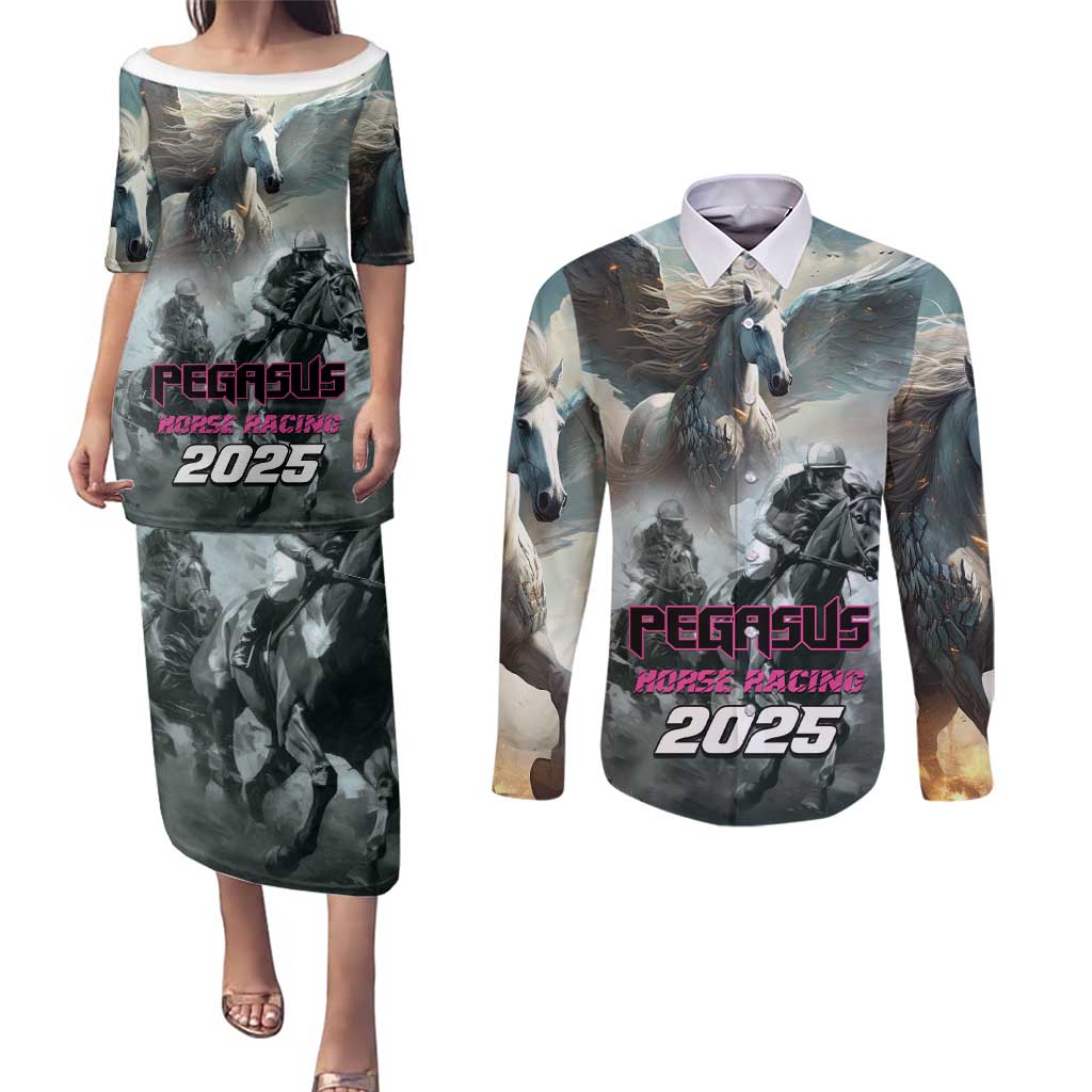 Personalized Pegasus Horse Racing 2025 Couples Matching Puletasi and Long Sleeve Button Shirt Soar to Victory