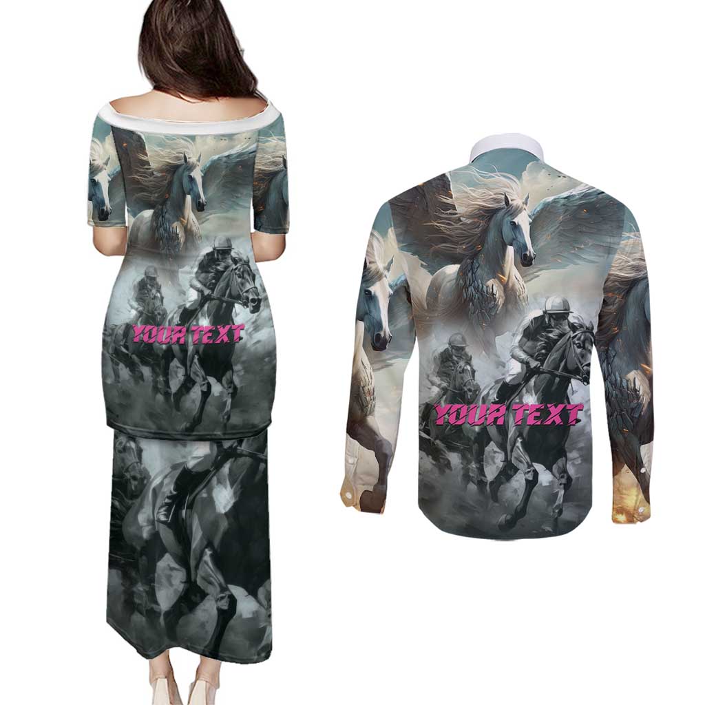 Personalized Pegasus Horse Racing 2025 Couples Matching Puletasi and Long Sleeve Button Shirt Soar to Victory