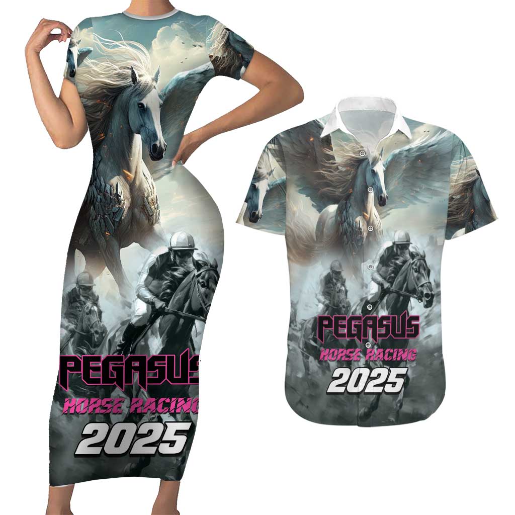 Personalized Pegasus Horse Racing 2025 Couples Matching Short Sleeve Bodycon Dress and Hawaiian Shirt Soar to Victory