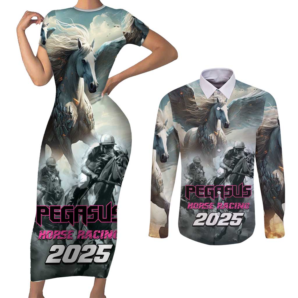 Personalized Pegasus Horse Racing 2025 Couples Matching Short Sleeve Bodycon Dress and Long Sleeve Button Shirt Soar to Victory