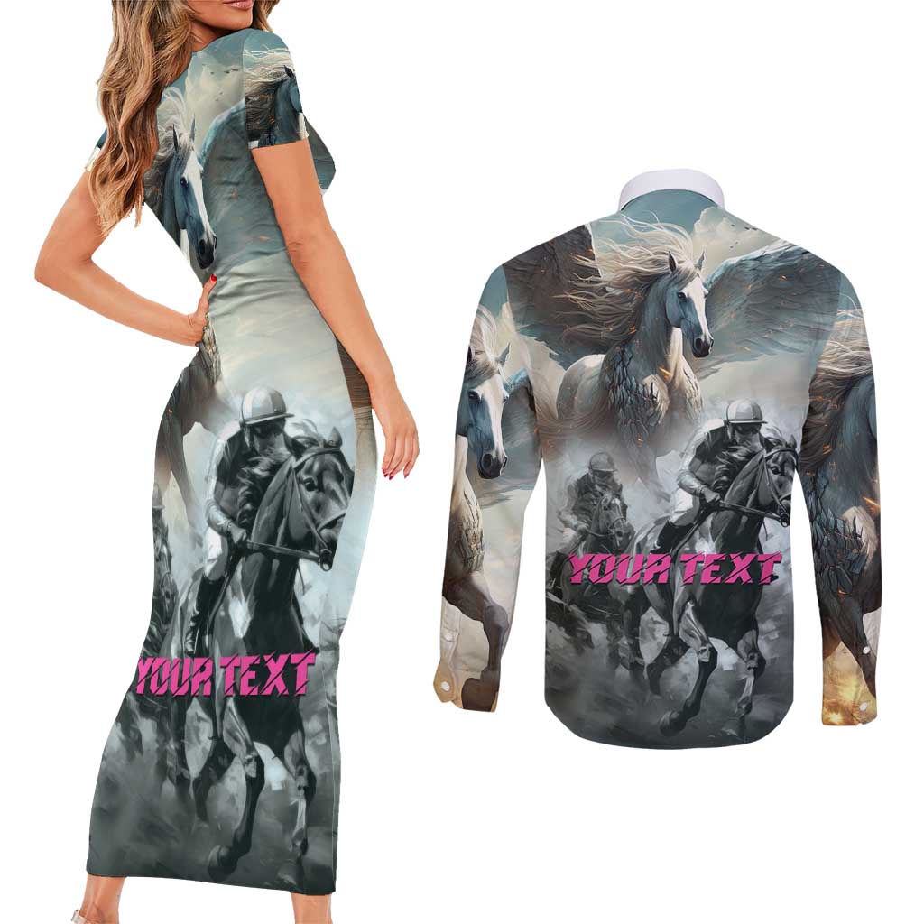 Personalized Pegasus Horse Racing 2025 Couples Matching Short Sleeve Bodycon Dress and Long Sleeve Button Shirt Soar to Victory