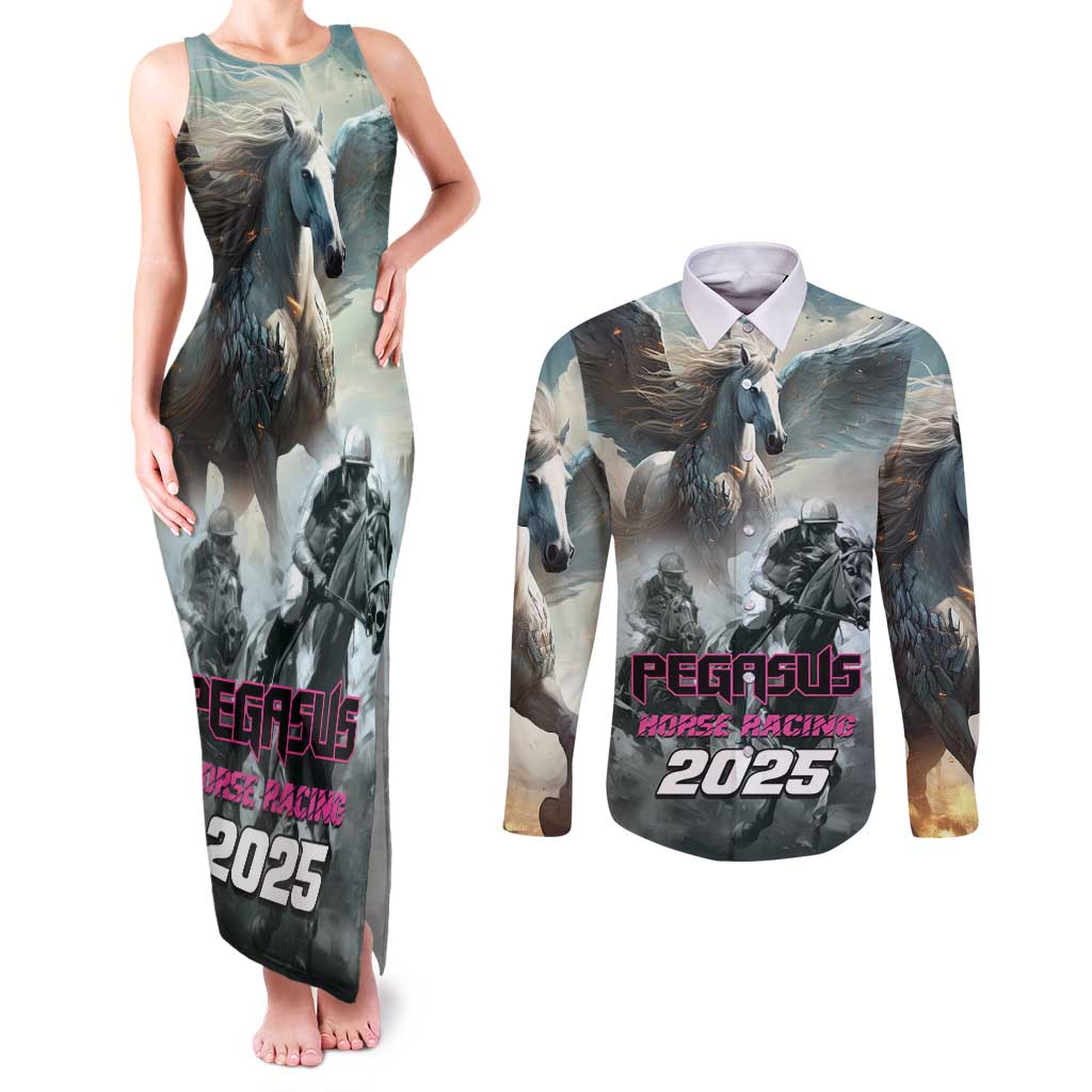 Personalized Pegasus Horse Racing 2025 Couples Matching Tank Maxi Dress and Long Sleeve Button Shirt Soar to Victory