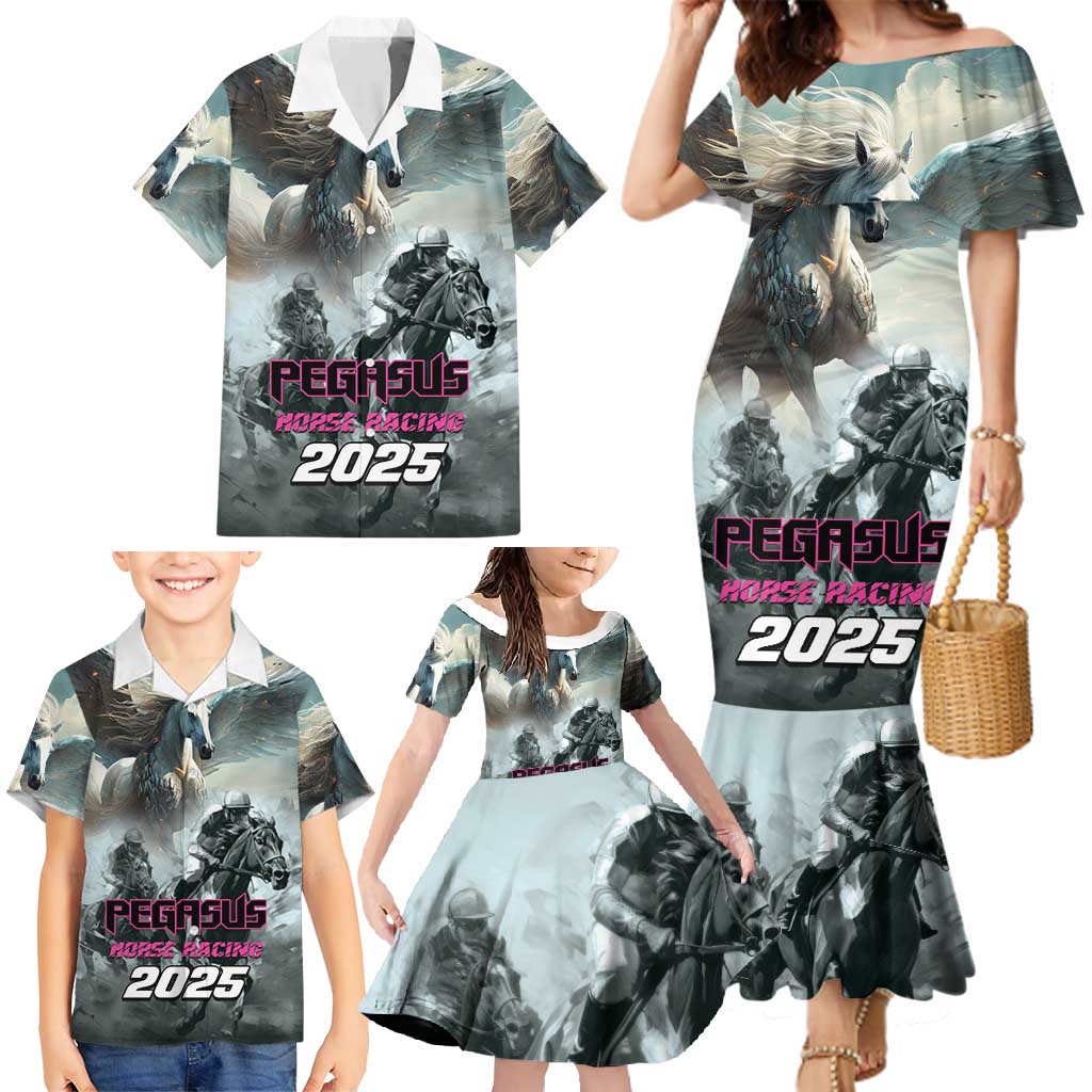 Personalized Pegasus Horse Racing 2025 Family Matching Mermaid Dress and Hawaiian Shirt Soar to Victory