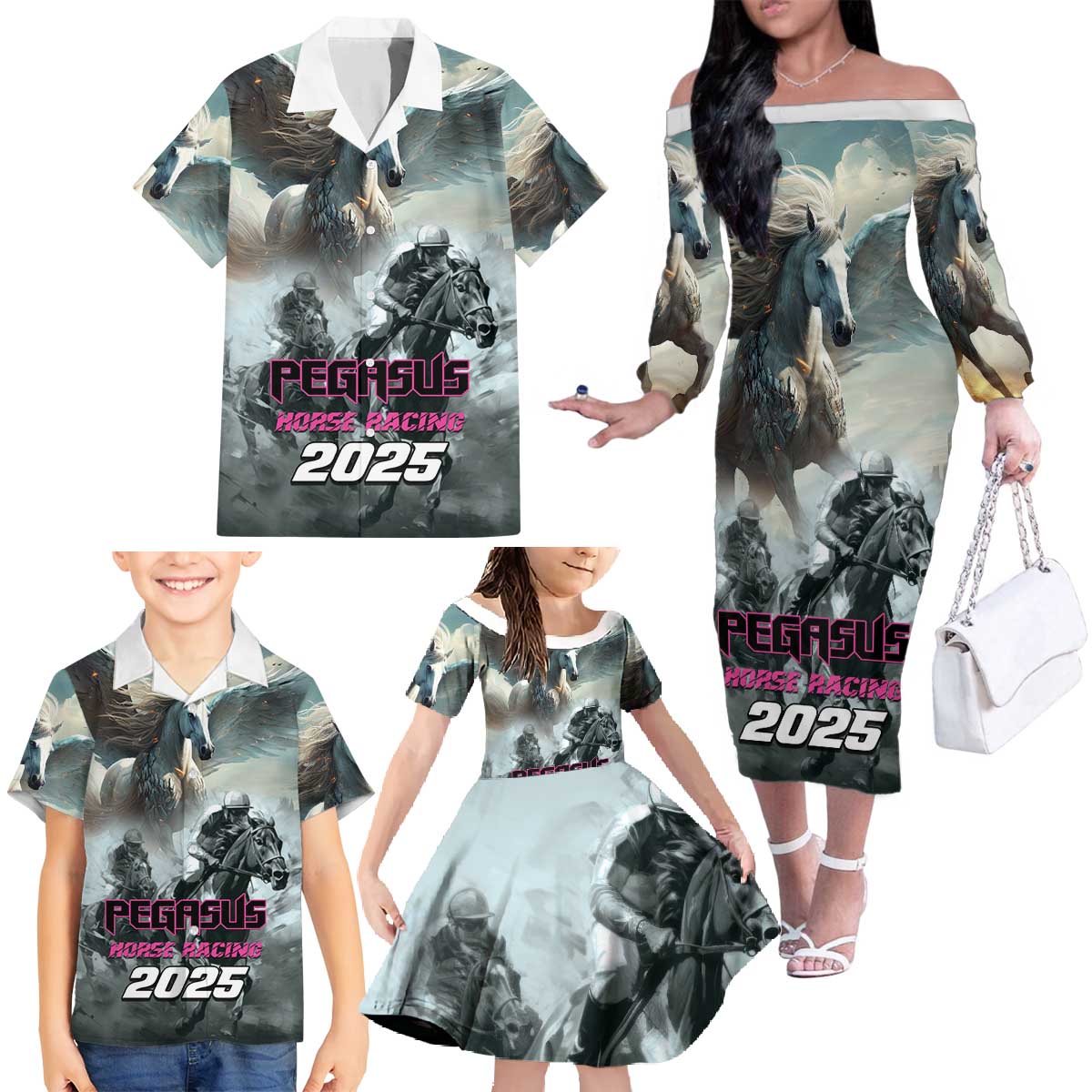 Personalized Pegasus Horse Racing 2025 Family Matching Off The Shoulder Long Sleeve Dress and Hawaiian Shirt Soar to Victory