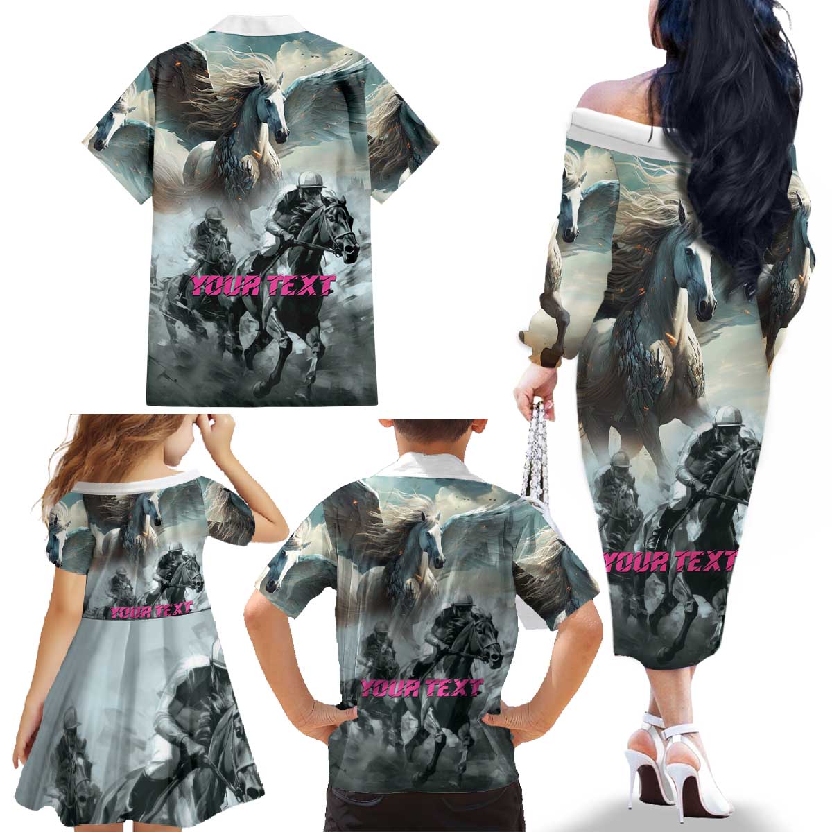 Personalized Pegasus Horse Racing 2025 Family Matching Off The Shoulder Long Sleeve Dress and Hawaiian Shirt Soar to Victory