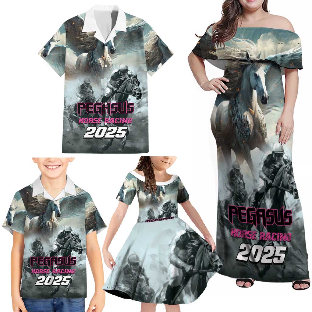 Personalized Pegasus Horse Racing 2025 Family Matching Off Shoulder Maxi Dress and Hawaiian Shirt Soar to Victory - Wonder Print Shop