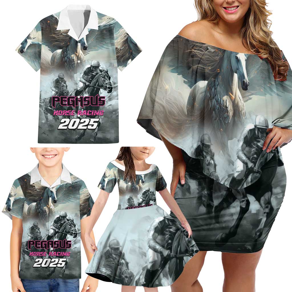 Personalized Pegasus Horse Racing 2025 Family Matching Off Shoulder Short Dress and Hawaiian Shirt Soar to Victory - Wonder Print Shop