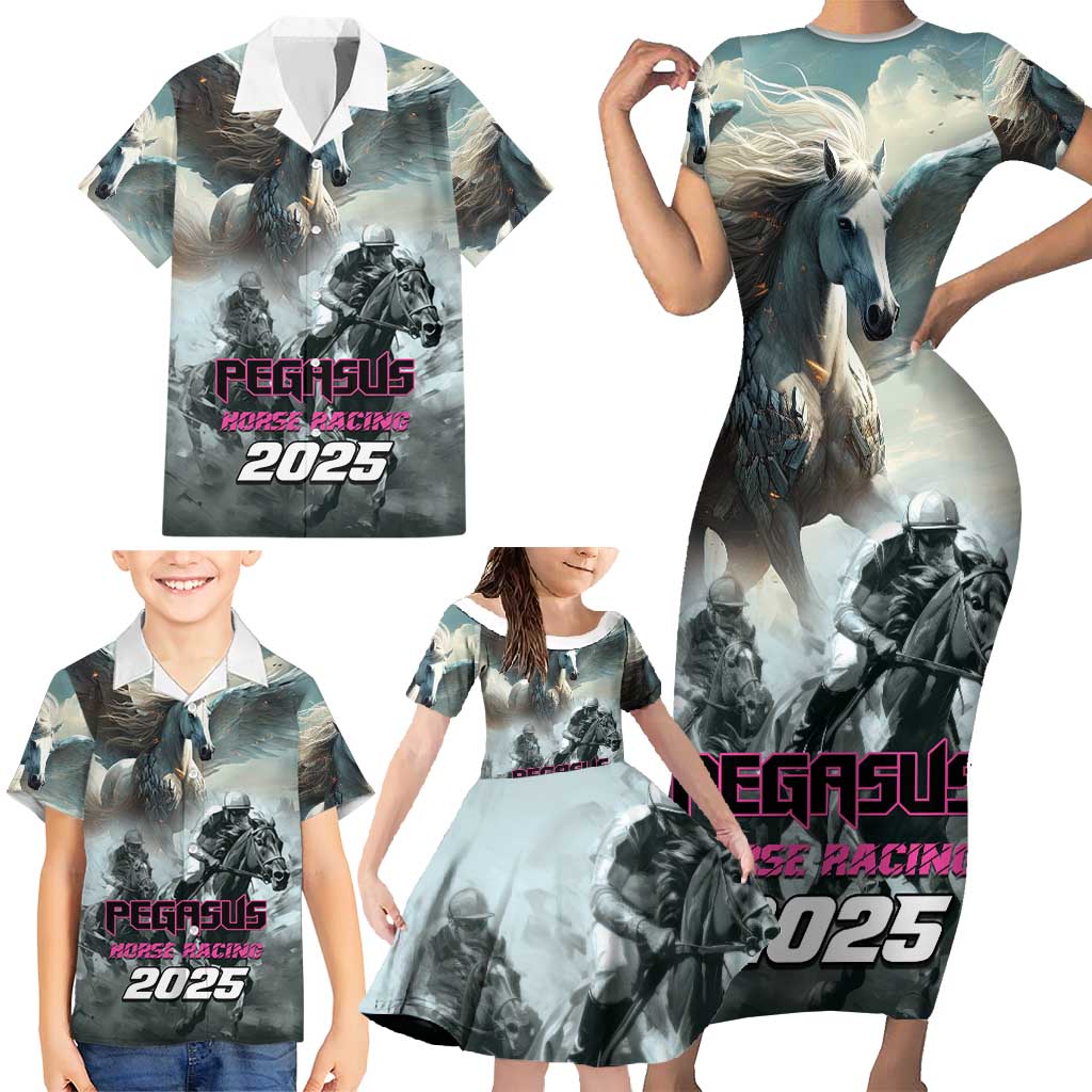 Personalized Pegasus Horse Racing 2025 Family Matching Short Sleeve Bodycon Dress and Hawaiian Shirt Soar to Victory - Wonder Print Shop