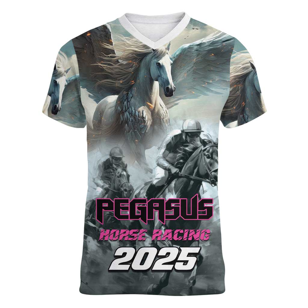Personalized Pegasus Horse Racing 2025 Women V-Neck T-Shirt Soar to Victory - Wonder Print Shop