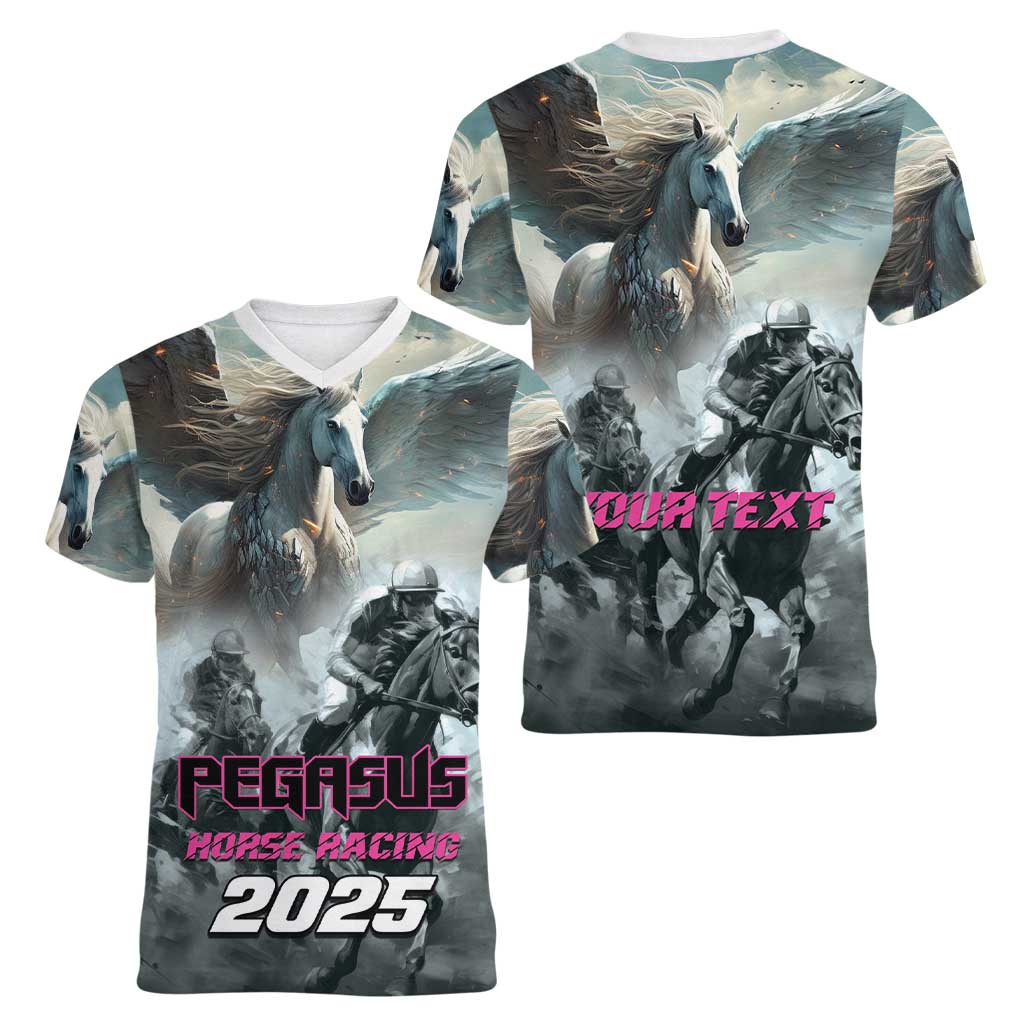 Personalized Pegasus Horse Racing 2025 Women V-Neck T-Shirt Soar to Victory - Wonder Print Shop