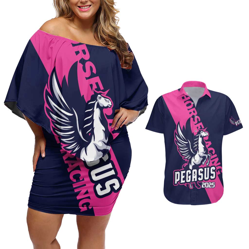 Personalized Pegasus Horse Racing 2025 Couples Matching Off Shoulder Short Dress and Hawaiian Shirt Where Champions Rise