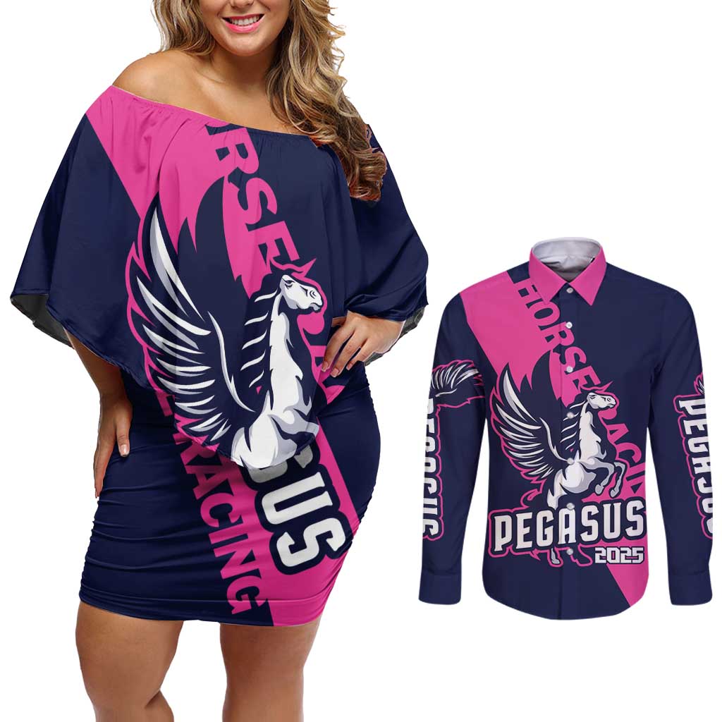 Personalized Pegasus Horse Racing 2025 Couples Matching Off Shoulder Short Dress and Long Sleeve Button Shirt Where Champions Rise