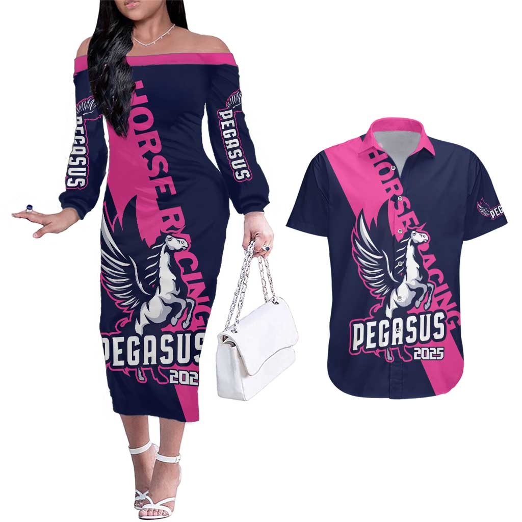 Personalized Pegasus Horse Racing 2025 Couples Matching Off The Shoulder Long Sleeve Dress and Hawaiian Shirt Where Champions Rise