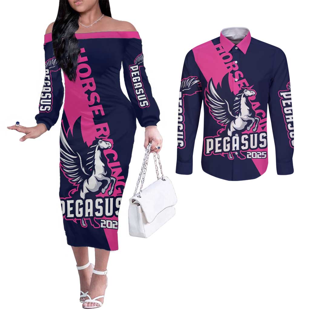 Personalized Pegasus Horse Racing 2025 Couples Matching Off The Shoulder Long Sleeve Dress and Long Sleeve Button Shirt Where Champions Rise
