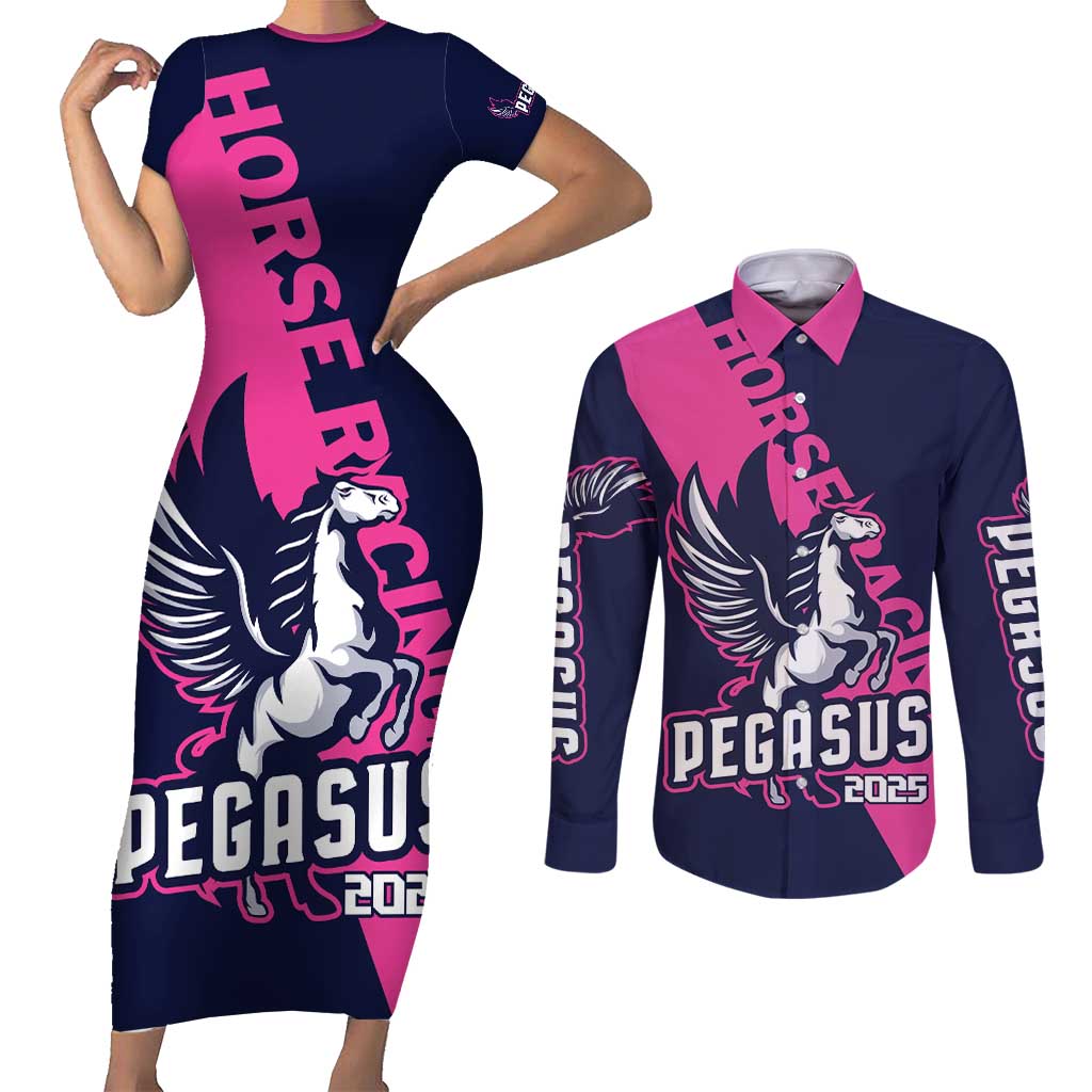 Personalized Pegasus Horse Racing 2025 Couples Matching Short Sleeve Bodycon Dress and Long Sleeve Button Shirt Where Champions Rise