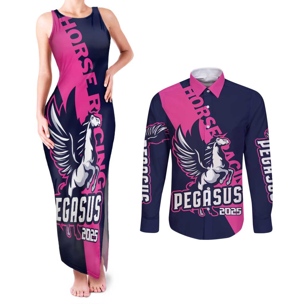 Personalized Pegasus Horse Racing 2025 Couples Matching Tank Maxi Dress and Long Sleeve Button Shirt Where Champions Rise