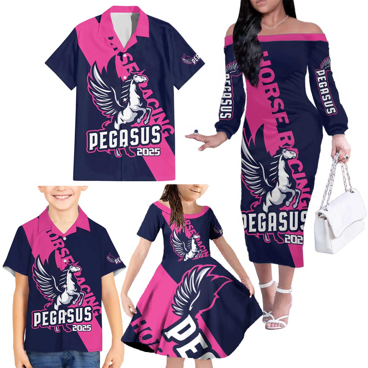 Personalized Pegasus Horse Racing 2025 Family Matching Off The Shoulder Long Sleeve Dress and Hawaiian Shirt Where Champions Rise