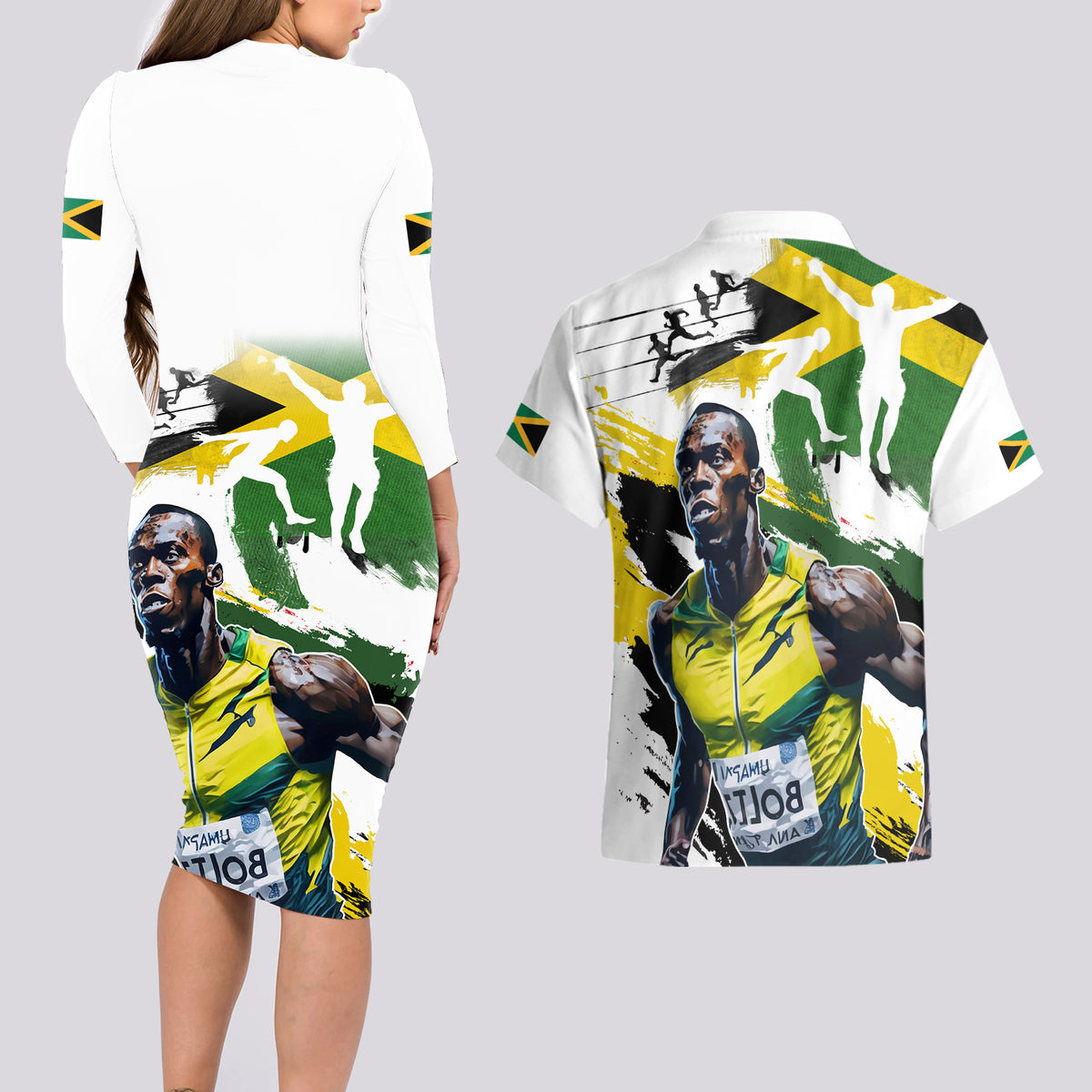 Jamaica Couples Matching Long Sleeve Bodycon Dress and Hawaiian Shirt Proud to be Lightning Bolt - Wonder Print Shop