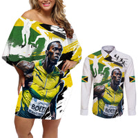 Jamaica Couples Matching Off Shoulder Short Dress and Long Sleeve Button Shirt Proud to be Lightning Bolt - Wonder Print Shop