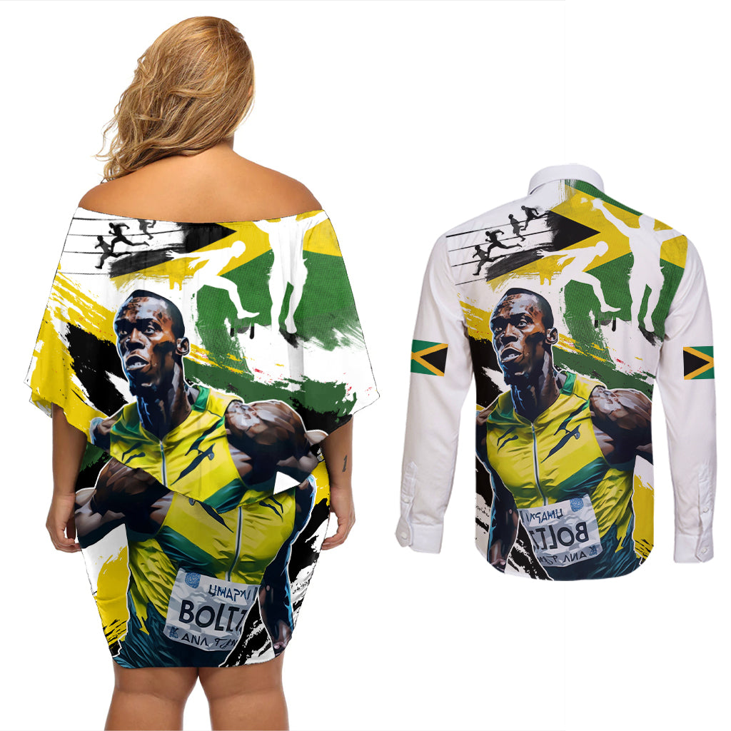 Jamaica Couples Matching Off Shoulder Short Dress and Long Sleeve Button Shirt Proud to be Lightning Bolt - Wonder Print Shop