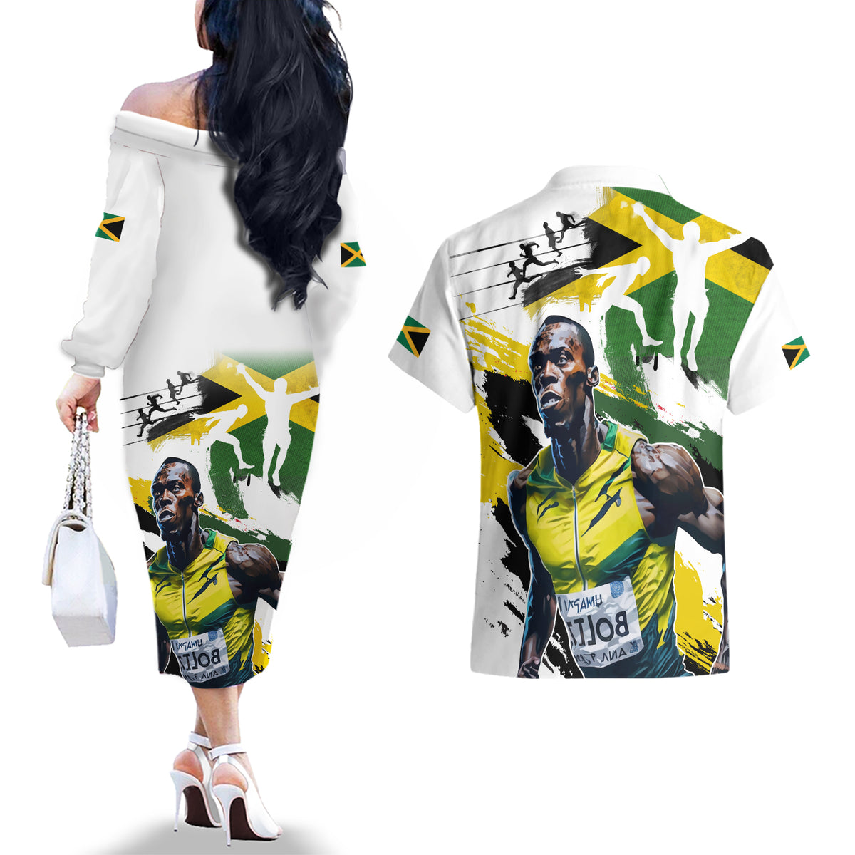 Jamaica Couples Matching Off The Shoulder Long Sleeve Dress and Hawaiian Shirt Proud to be Lightning Bolt - Wonder Print Shop