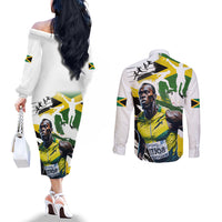 Jamaica Couples Matching Off The Shoulder Long Sleeve Dress and Long Sleeve Button Shirt Proud to be Lightning Bolt
