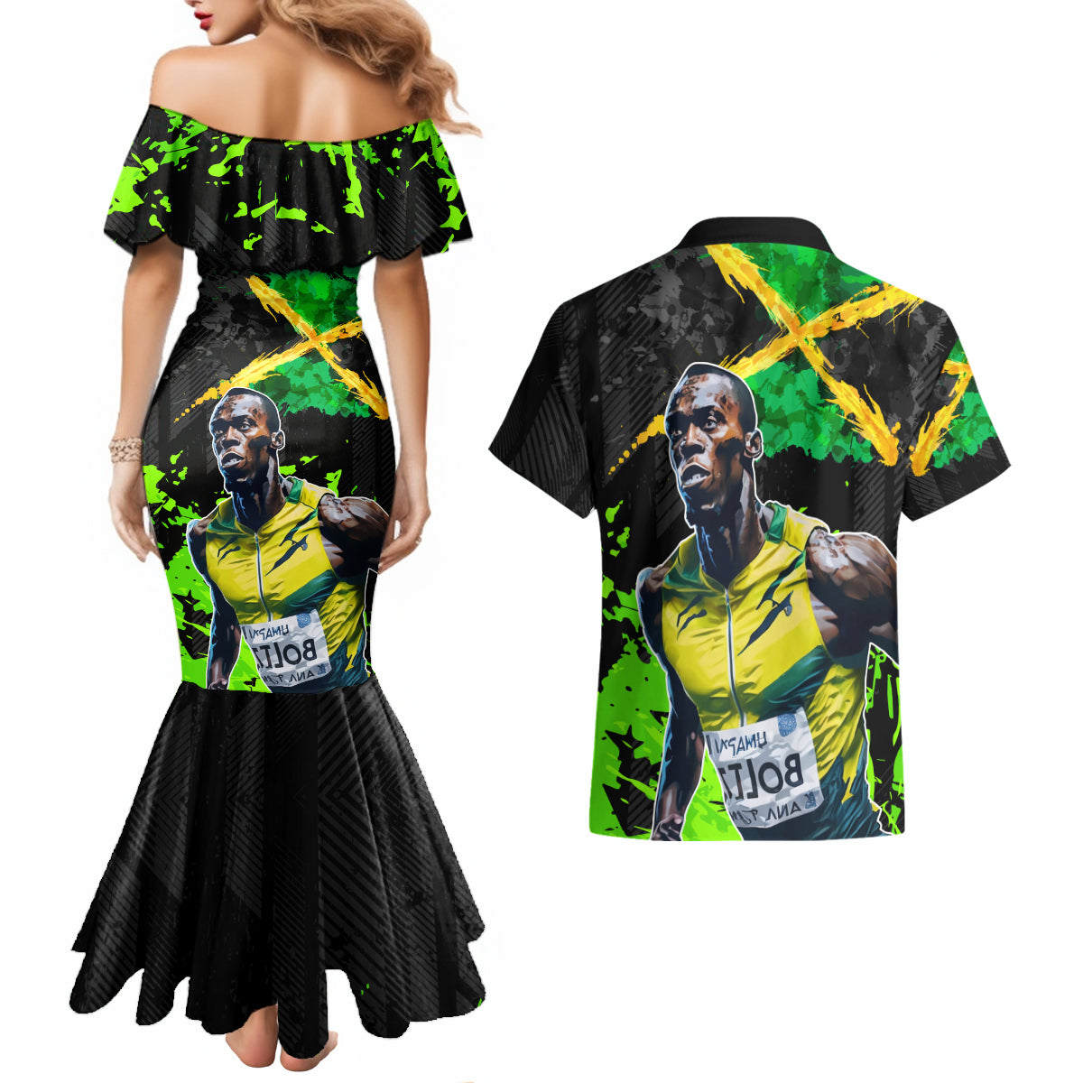 Jamaica Lightning Bolt Couples Matching Mermaid Dress and Hawaiian Shirt Proud of Jumieka Splash Style Black Color - Wonder Print Shop