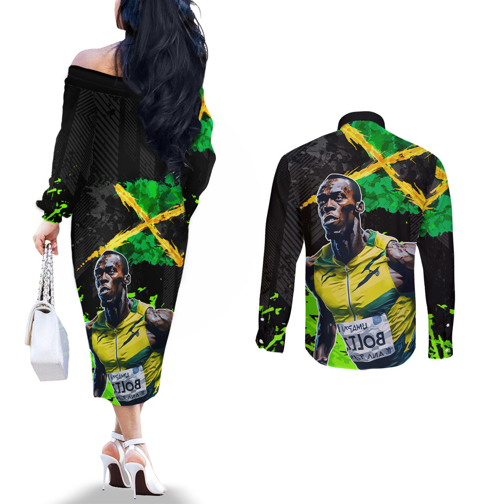 Jamaica Lightning Bolt Couples Matching Off The Shoulder Long Sleeve Dress and Long Sleeve Button Shirt Proud of Jumieka Splash Style Black Color