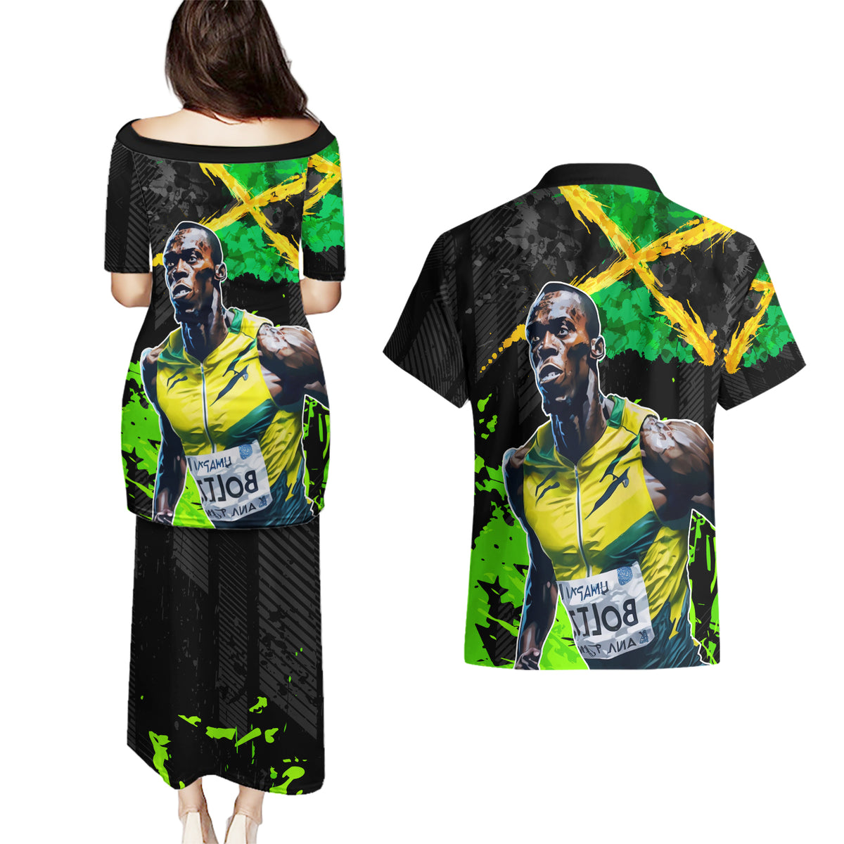 Jamaica Lightning Bolt Couples Matching Puletasi and Hawaiian Shirt Proud of Jumieka Splash Style Black Color - Wonder Print Shop
