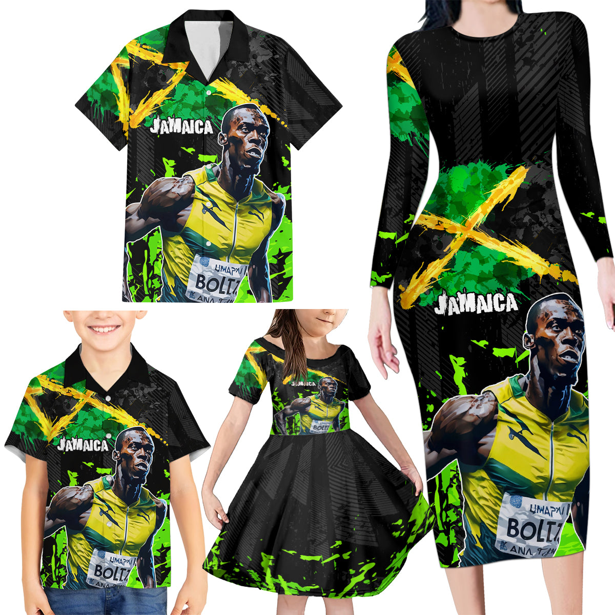 Jamaica Lightning Bolt Family Matching Long Sleeve Bodycon Dress and Hawaiian Shirt Proud of Jumieka Splash Style Black Color - Wonder Print Shop