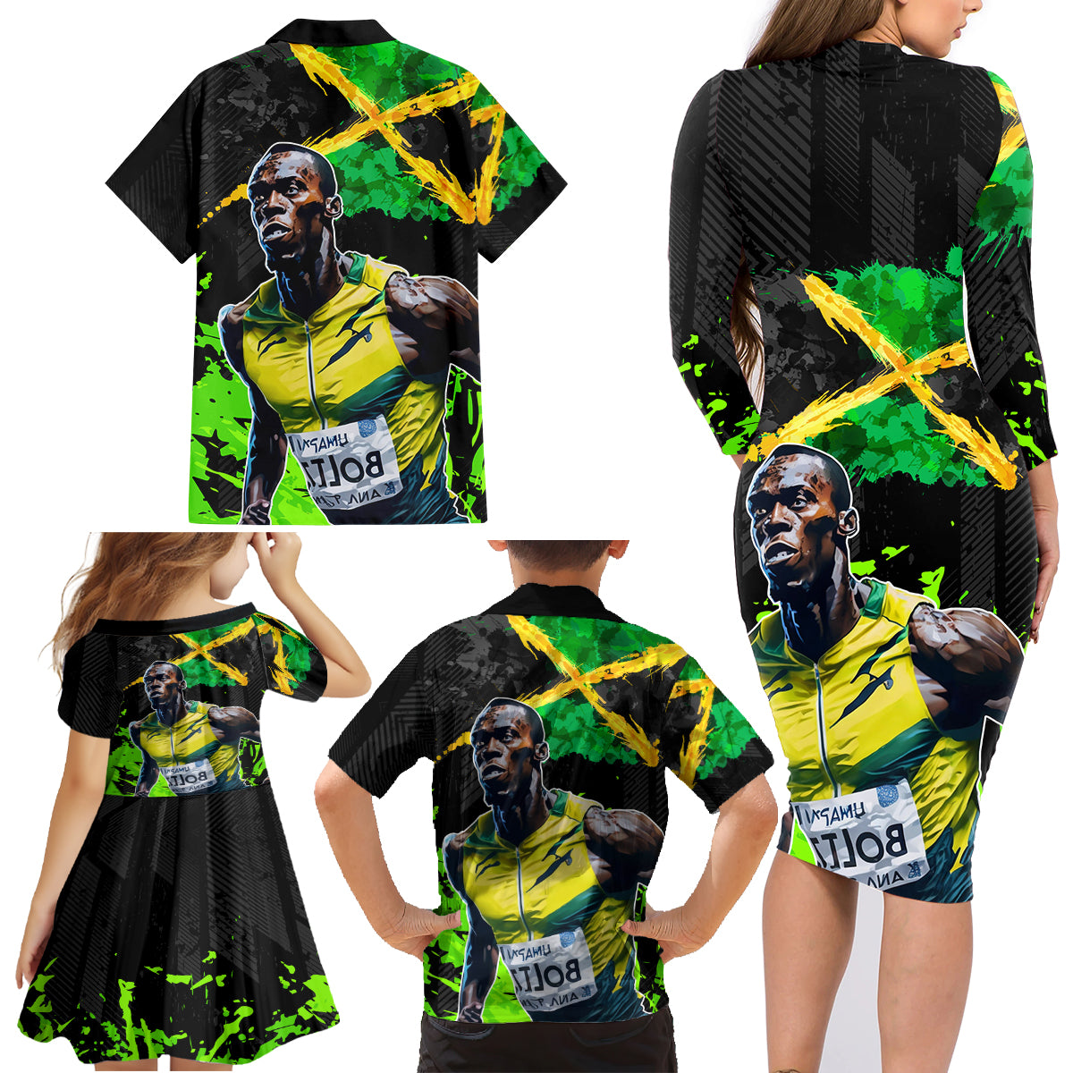 Jamaica Lightning Bolt Family Matching Long Sleeve Bodycon Dress and Hawaiian Shirt Proud of Jumieka Splash Style Black Color - Wonder Print Shop