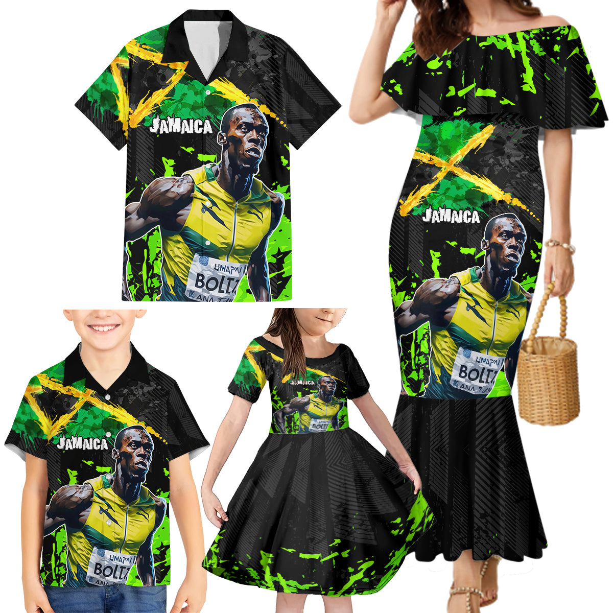 Jamaica Lightning Bolt Family Matching Mermaid Dress and Hawaiian Shirt Proud of Jumieka Splash Style Black Color - Wonder Print Shop