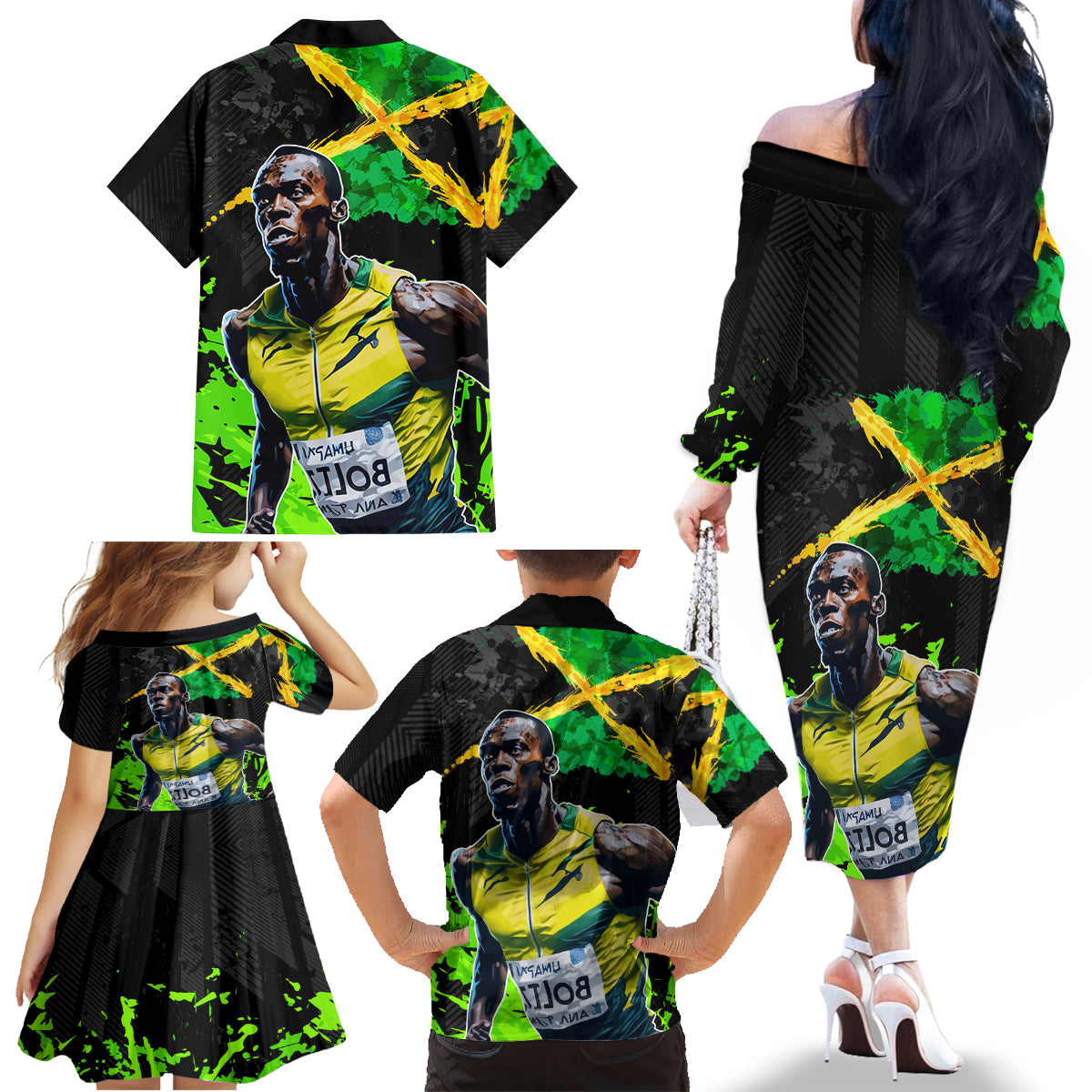 Jamaica Lightning Bolt Family Matching Off The Shoulder Long Sleeve Dress and Hawaiian Shirt Proud of Jumieka Splash Style Black Color - Wonder Print Shop