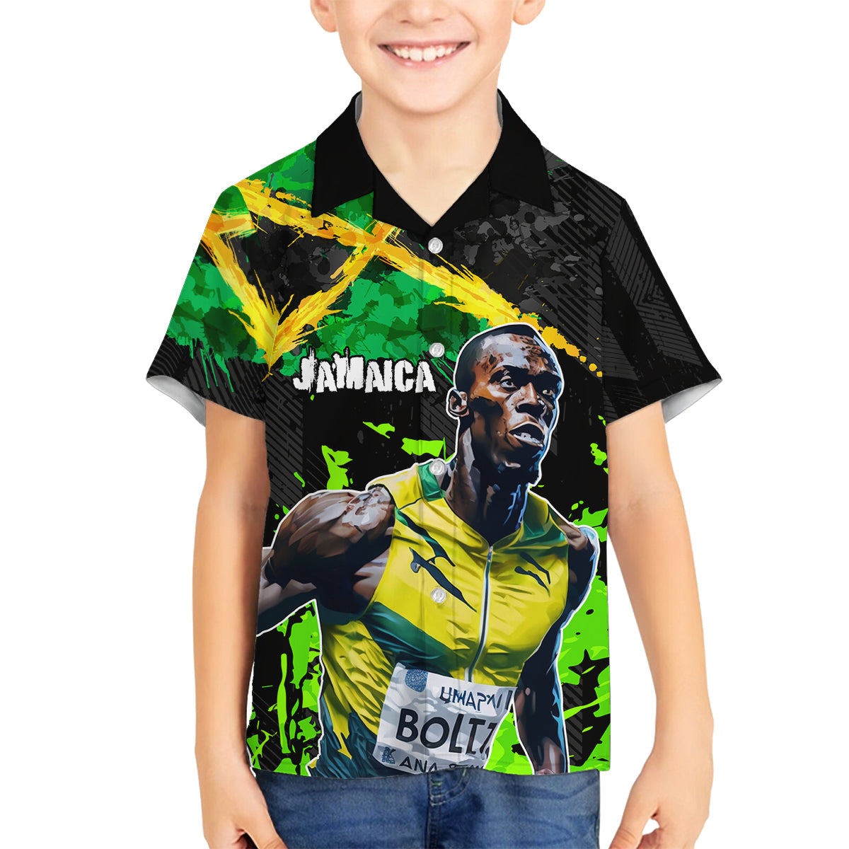 Jamaica Lightning Bolt Family Matching Off The Shoulder Long Sleeve Dress and Hawaiian Shirt Proud of Jumieka Splash Style Black Color - Wonder Print Shop