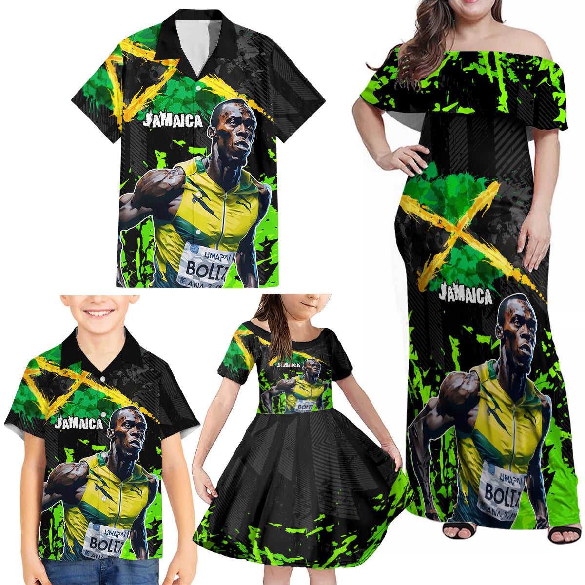 Jamaica Lightning Bolt Family Matching Off Shoulder Maxi Dress and Hawaiian Shirt Proud of Jumieka Splash Style Black Color - Wonder Print Shop