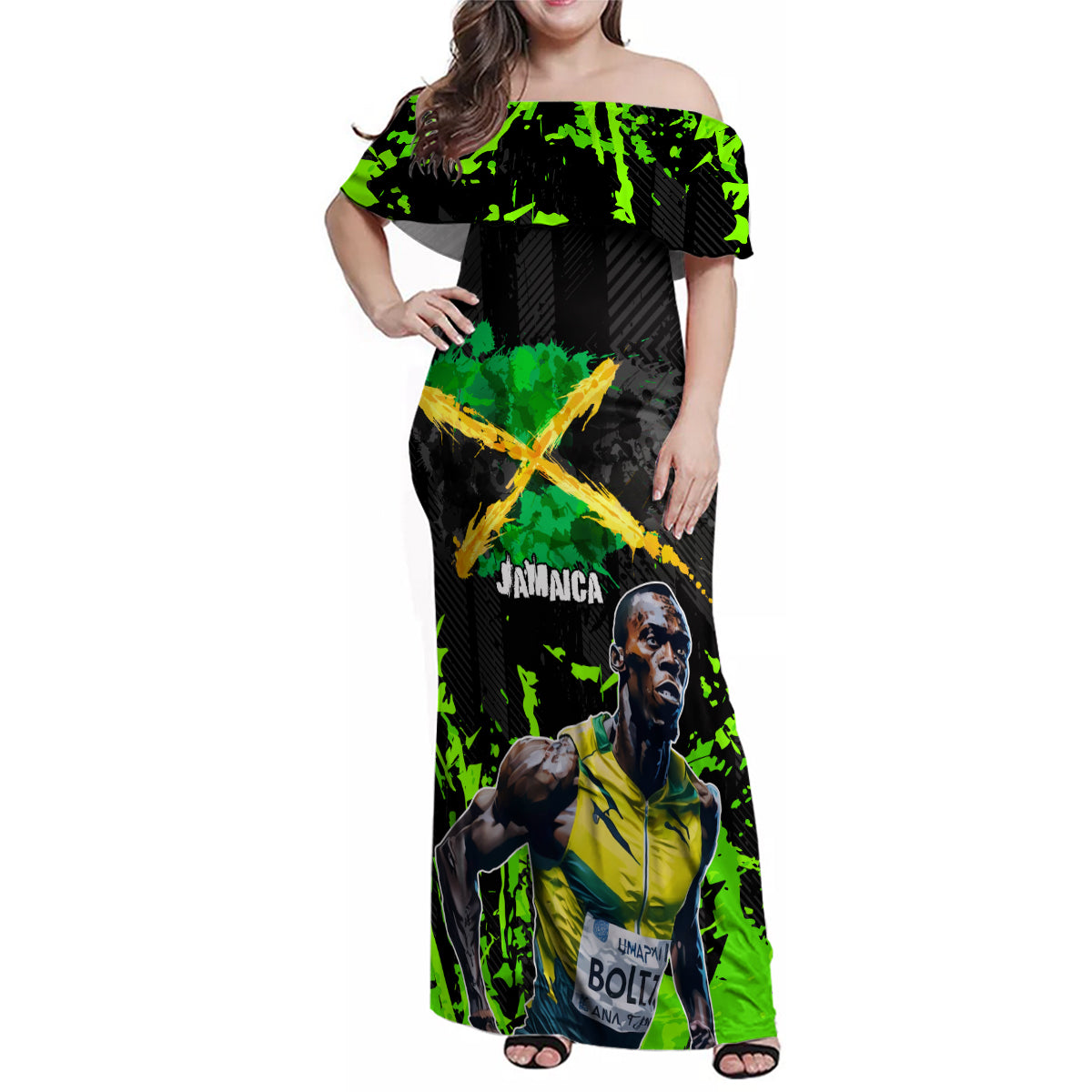 Jamaica Lightning Bolt Family Matching Off Shoulder Maxi Dress and Hawaiian Shirt Proud of Jumieka Splash Style Black Color - Wonder Print Shop