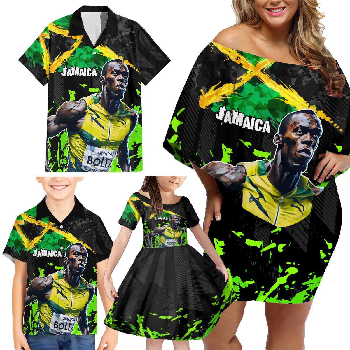Jamaica Lightning Bolt Family Matching Off Shoulder Short Dress and Hawaiian Shirt Proud of Jumieka Splash Style Black Color - Wonder Print Shop
