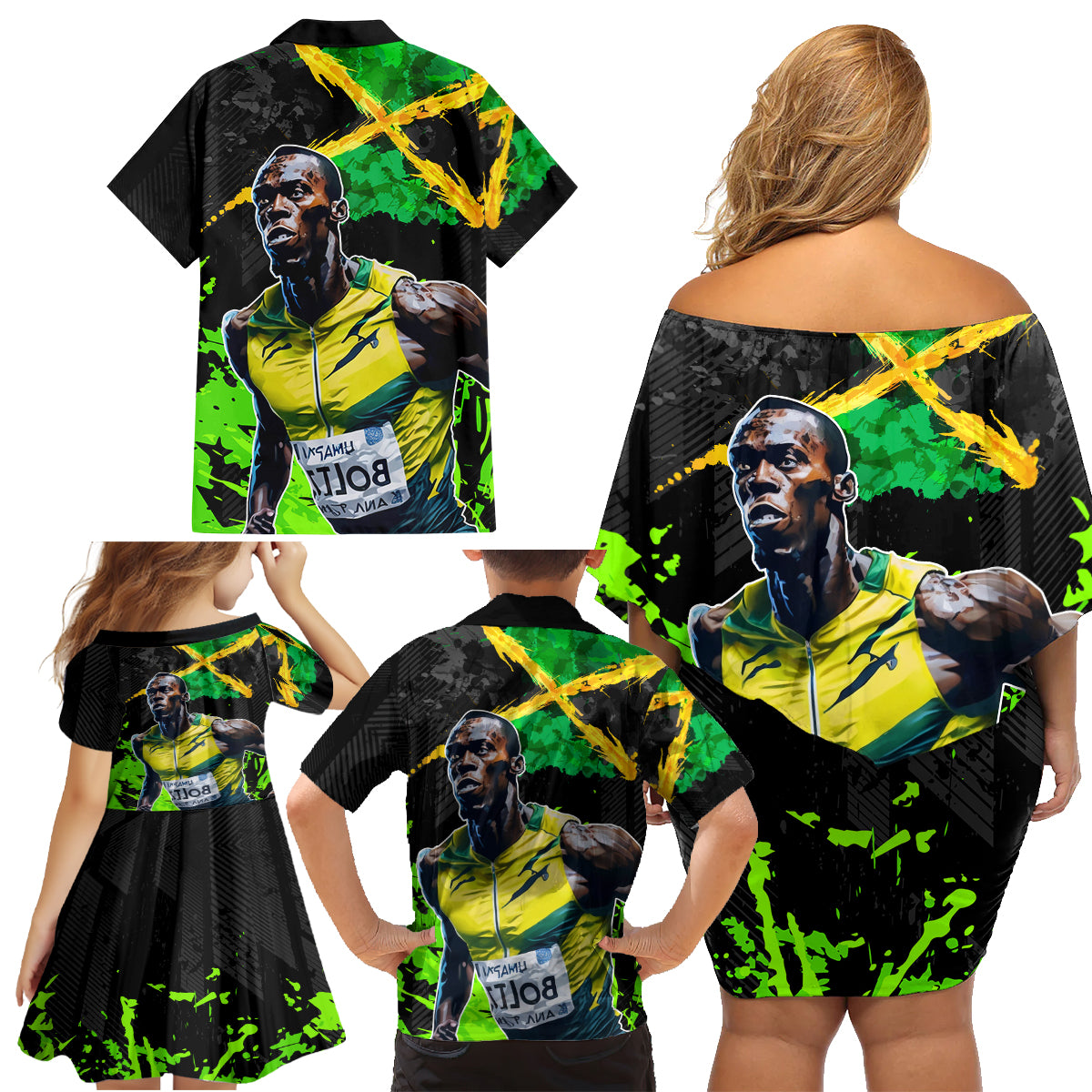 Jamaica Lightning Bolt Family Matching Off Shoulder Short Dress and Hawaiian Shirt Proud of Jumieka Splash Style Black Color - Wonder Print Shop