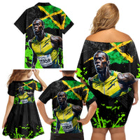 Jamaica Lightning Bolt Family Matching Off Shoulder Short Dress and Hawaiian Shirt Proud of Jumieka Splash Style Black Color - Wonder Print Shop