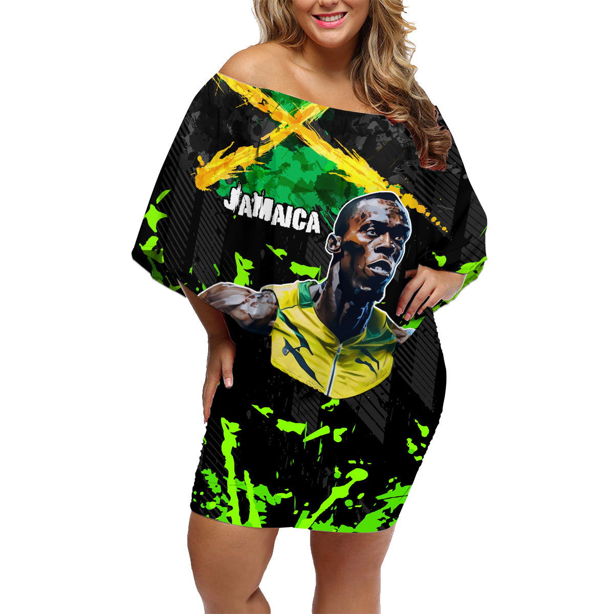 Jamaica Lightning Bolt Family Matching Off Shoulder Short Dress and Hawaiian Shirt Proud of Jumieka Splash Style Black Color - Wonder Print Shop