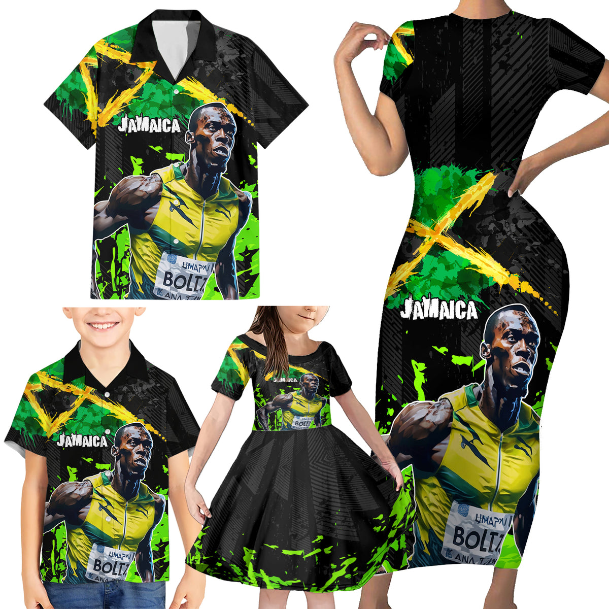 Jamaica Lightning Bolt Family Matching Short Sleeve Bodycon Dress and Hawaiian Shirt Proud of Jumieka Splash Style Black Color - Wonder Print Shop
