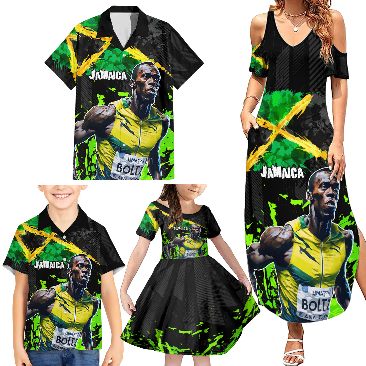 Jamaica Lightning Bolt Family Matching Summer Maxi Dress and Hawaiian Shirt Proud of Jumieka Splash Style Black Color - Wonder Print Shop