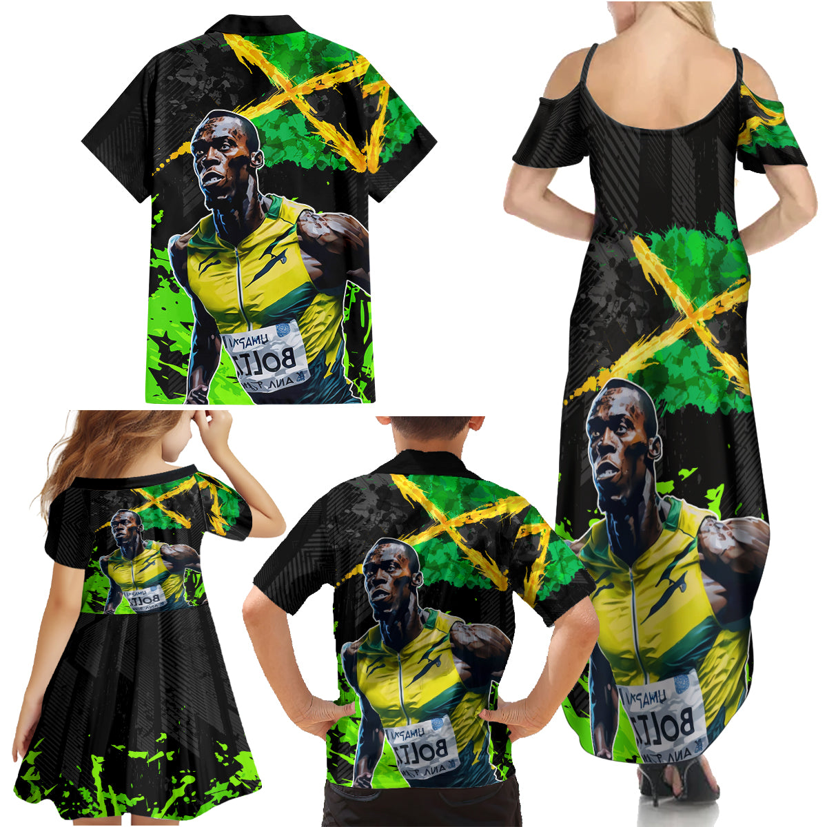 Jamaica Lightning Bolt Family Matching Summer Maxi Dress and Hawaiian Shirt Proud of Jumieka Splash Style Black Color - Wonder Print Shop